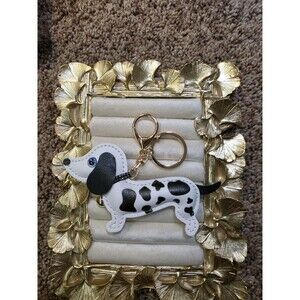 Dog Animal Print Faux Leather Beaded Key Chain Purse Bag Charm, White Black Gold